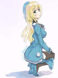 Rule 34 | 1girl, atago (kancolle), black gloves, blonde hair, blue dress, blue footwear, blue hat, blush, commentary request, dated, dress, ear visible through hair, ears visible through hair, gloves, green eyes, hat, kangoku kou, kantai collection, long hair, looking at viewer, one-hour drawing challenge, pantyhose, perched, shadow, smile, solo, squatting, twitter username, white background