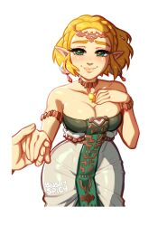 Rule 34 | 1girl, armlet, artist name, bare shoulders, blush, blushyspicy, braid, breasts, cleavage, collarbone, cropped legs, crown braid, earrings, green eyes, holding hands, jewelry, large breasts, looking at viewer, nintendo, pointy ears, princess zelda, short hair, smile, solo focus, the legend of zelda, the legend of zelda: tears of the kingdom, transparent background
