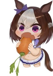 Rule 34 | 1girl, :o, animal ears, blue shirt, blush, bow, braid, brown hair, carrot, commentary request, cropped legs, dokomon, ear bow, fang, food, hair between eyes, highres, holding, holding food, horse ears, horse girl, horse tail, korean commentary, multicolored hair, navel, open mouth, pleated skirt, puffy short sleeves, puffy sleeves, purple bow, purple eyes, school uniform, shirt, short sleeves, simple background, skirt, solo, special week (umamusume), tail, tracen school uniform, two-tone hair, umamusume, white background, white hair, white skirt, x navel