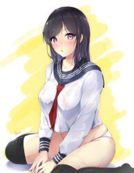Rule 34 | 1girl, black hair, blush, breasts, collarbone, commentary request, covered erect nipples, dermar, highres, large breasts, long hair, looking at viewer, necktie, no bra, original, panties, parted bangs, purple eyes, sailor collar, school uniform, see-through, sitting, solo, thighhighs, underwear, wariza, wet, wet clothes