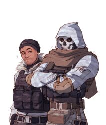 Rule 34 | 2boys, ?, alternate costume, amikoroyai, bara, beanie, beard stubble, belt, bulletproof vest, call of duty, call of duty: modern warfare 2, camouflage, camouflage pants, couple, crossed arms, facial hair, ghost (modern warfare 2), hat, highres, hood, hood up, looking at another, male focus, mask, mature male, multiple boys, mustache stubble, pants, scarf, short hair, sideburns, skull mask, soap (modern warfare 2), stubble, winter clothes, yaoi