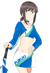 Rule 34 | 1girl, absurdres, black hair, breasts, closed umbrella, cosplay, crop top, fubuki (kancolle), green eyes, hand on own hip, highres, kantai collection, long sleeves, low ponytail, medium hair, midriff, miniskirt, multicolored clothes, planted, planted umbrella, ponytail, race queen, short ponytail, sidelocks, simple background, skirt, small breasts, solo, subaru izumi, umbrella, usugumo (kancolle), usugumo (kancolle) (cosplay), white background