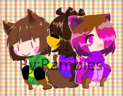 animal_ears background-color bete_noire better_noire blue_sweater boots brown_hair cat_ears chara_(undertale) closed_eyes frisk_(undertale) glitchtale green_sweater neko pink_eyes pink_hair pink_sweater purple_sweater red_eyes short_hair smile sweater tail undertale undertale_au watermark yellow_sweater