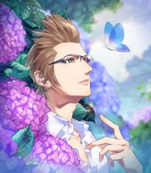Rule 34 | 1boy, artist name, blue butterfly, blurry, blurry background, brown hair, bug, butterfly, collared shirt, final fantasy, final fantasy xv, flower, glasses, green eyes, hair slicked back, hinoe (dd works), hydrangea, ignis scientia, insect, jewelry, leaf, male focus, necklace, open collar, outdoors, parted lips, purple flower, shirt, short hair, sideburns, solo, upper body, white shirt