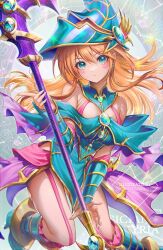 Rule 34 | 1girl, blonde hair, blush stickers, boots, breasts, cleavage, commentary, duel monster, english commentary, gem, green eyes, hair between eyes, hat, holding, holding staff, kaze-hime, large breasts, long hair, magician&#039;s valkyria, medium breasts, parted lips, solo, staff, watermark, wizard hat, yu-gi-oh!
