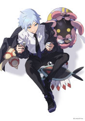 Rule 34 | 1boy, absurdres, anorith, baltoy, belt, black coat, black pants, blue eyes, breast pocket, closed mouth, coat, collared shirt, commentary, creatures (company), game freak, gen 3 pokemon, grey hair, highres, holding, jewelry, lileep, male focus, necktie, nintendo, off shoulder, open clothes, open coat, pants, pocket, pokemon, pokemon (creature), pokemon rse, purple belt, ring, rock, shirt, shoes, short hair, sitting, smile, spiked hair, steven stone, twitter username, white shirt, xia (ryugo)