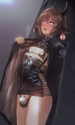 Rule 34 | 1boy, :d, arknights, bison (arknights), black bra, black dress, black jacket, blush, bra, brown eyes, brown hair, chastity cage, crossdressing, dress, earrings, heart, heart-shaped pupils, highres, horns, jacket, jewelry, long sleeves, looking at viewer, mo ne, navel, open clothes, open jacket, open mouth, ox ears, ox horns, penis, short hair, small penis, smile, solo, symbol-shaped pupils, testicles, trap, underwear