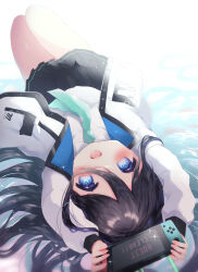 Rule 34 | 1girl, aris (blue archive), arms up, bad id, bad pixiv id, black hair, black skirt, blue archive, blue eyes, blue necktie, blush, commentary request, hair between eyes, hair spread out, haru ichigo, highres, holding, jacket, long hair, long hair between eyes, long sleeves, looking at viewer, lying, necktie, nintendo switch, on back, open clothes, open jacket, open mouth, pleated skirt, puffy long sleeves, puffy sleeves, shirt, skirt, solo, very long hair, white jacket, white shirt