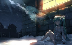Rule 34 | 1girl, aqua hair, barefoot, closed eyes, collarbone, corpse, crying, dress, dying, ghost, hair ribbon, hatsune miku, indoors, little match girl, long hair, matches, night, poverty, qys3, reaching, reaching towards viewer, ribbon, sitting, snow, snow on head, snowing, solo, tears, torn clothes, torn dress, torn sleeves, town, twintails, very long hair, vocaloid, white dress, window, winter