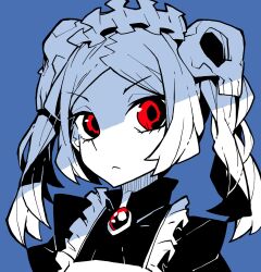 Rule 34 | 1girl, akableak, apron, bloody marie (skullgirls), blue background, brooch, frilled apron, frills, frown, hair ornament, highres, jewelry, looking at viewer, maid headdress, portrait, red eyes, skull hair ornament, skullgirls, solo, spot color, twintails