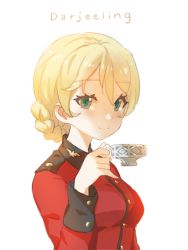 Rule 34 | 10s, 1girl, aqua eyes, blonde hair, braid, buttons, character name, collar, cup, darjeeling (girls und panzer), english text, eyebrows, eyelashes, fingernails, from side, girls und panzer, hair between eyes, hand up, holding, holding cup, jacket, long sleeves, looking at viewer, military, military uniform, red jacket, rushi (bloodc), smile, solo, teacup, tsurime, twin braids, uniform, upper body