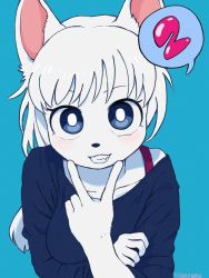 Rule 34 | 1girl, blue background, blue eyes, blush, bright pupils, buncama, female focus, furry, furry female, grin, looking at viewer, original, simple background, slouching, smile, solo, spoken number, twitter username, upper body, v, white hair, white pupils