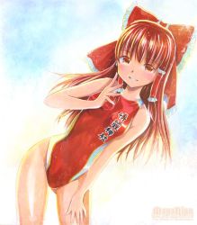 Rule 34 | 1girl, bare shoulders, bow, brown hair, competition swimsuit, female focus, hair bow, hair tubes, hakurei reimu, long hair, looking at viewer, mayo riyo, one-piece swimsuit, smile, solo, swimsuit, teeth, touhou, traditional media