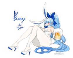 Rule 34 | 1girl, :&lt;, animal ears, artist name, bare shoulders, beer mug, blue bow, blue hair, blunt bangs, bow, breasts, closed mouth, commentary request, cup, elbow gloves, english text, engrish text, eyelashes, full body, gloves, hair bow, hair ribbon, high heels, high ponytail, highleg, highleg leotard, holding, kkaebing, knees together feet apart, large breasts, leotard, light blue hair, long hair, mug, original, pantyhose, pigeon-toed, platform footwear, platform heels, playboy bunny, ponytail, rabbit, rabbit ears, rabbit tail, ranguage, red eyes, ribbon, sidelocks, simple background, sitting, solo, strapless, strapless leotard, tail, very long hair, white background, white footwear, white gloves, white leotard, white pantyhose