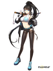 Rule 34 | 1girl, armpits, bare shoulders, belt, black hair, black jacket, black shorts, blue eyes, blue footwear, breasts, brown pantyhose, closers, crop top, fingerless gloves, full body, gloves, hand on own hip, hand up, high ponytail, highres, holding, holding sword, holding weapon, jacket, katana, large breasts, long hair, long legs, long sleeves, looking at viewer, midriff, nail polish, navel, non-web source, off shoulder, official art, open clothes, open jacket, over shoulder, pantyhose, ponytail, puffy sleeves, sheath, sheathed, shirt, shoes, short shorts, shorts, sidelocks, sleeveless, sleeveless shirt, sleeveless turtleneck, smile, solo, stomach, sword, tassel, taut clothes, thighband pantyhose, turtleneck, v-shaped eyebrows, very long hair, weapon, weapon over shoulder, white shirt, yuri seo