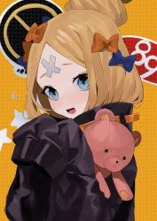 Rule 34 | 1girl, abigail williams (fate), abigail williams (traveling outfit) (fate), absurdres, bandaid, bandaid on face, bandaid on forehead, bebe (bebe pp), belt, black bow, black jacket, blonde hair, blue eyes, blush, bow, breasts, crossed bandaids, fate/grand order, fate (series), forehead, hair bun, heroic spirit traveling outfit, highres, jacket, long hair, long sleeves, looking at viewer, multiple bows, official alternate costume, open mouth, orange belt, orange bow, parted bangs, single hair bun, sleeves past fingers, sleeves past wrists, small breasts, smile, solo, stuffed animal, stuffed toy, teddy bear