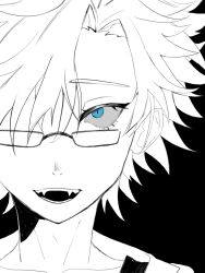 Rule 34 | 1boy, black background, blue eyes, collarbone, colored sclera, commentary request, fangs, glasses, grey sclera, highres, kanou aogu, looking at viewer, male focus, open mouth, rectangular eyewear, saibou shinkyoku, sanpaku, short hair, simple background, smile, solo, spot color, tutuke