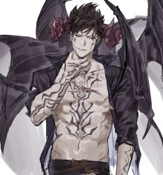 Rule 34 | 1boy, abs, arm tattoo, belial (granblue fantasy), black hair, black jacket, chest tattoo, granblue fantasy, hashibiro kou (garapiko p), highres, horns, jacket, looking down, male focus, mismatched sclera, navel, open clothes, open jacket, popped collar, red eyes, short hair, smile, solo, tattoo, teeth, upper body, very short hair, wings