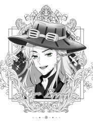 Rule 34 | 1boy, character name, chuchumimipupu, commentary request, cowboy hat, facial hair, goggles, goggles on headwear, green eyes, greyscale, gyro zeppeli, hat, highres, jojo no kimyou na bouken, long hair, male focus, monochrome, open mouth, portrait, smile, solo, sparkling aura, spot color, steel ball run