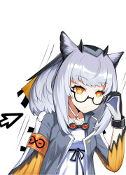 Rule 34 | 1girl, absurdres, adjusting eyewear, arknights, armband, arrow (symbol), bespectacled, black-framed eyewear, chinese commentary, commentary request, glasses, gloves, grey jacket, hand up, highres, jacket, long hair, long sleeves, open clothes, open jacket, pointy hair, ptilopsis (arknights), rhine lab logo, silver hair, simple background, solo, upper body, white background, xie wang, yellow eyes