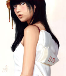 Rule 34 | :o, aged up, alternate costume, bare shoulders, black hair, blush, camille gaboriau, flat chest, flower, gradient background, grey eyes, hair flower, hair ornament, hairpin, hyuuga hinata, japanese clothes, kanzashi, kimono, long hair, looking at viewer, looking back, naruto, naruto (series), object on head, open mouth, realistic, signature, simple background, solo, upper body, yukata