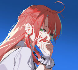 Rule 34 | 1girl, blue background, bridal gauntlets, choker, commentary, earrings, gloves, green eyes, half updo, hololive, jewelry, long hair, looking at viewer, red hair, red nails, sakura miko, shirt, solo, upper body, virtual youtuber, white choker, white gloves, white shirt, zhr100