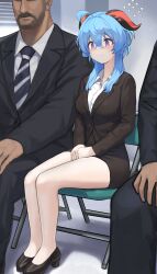 Rule 34 | 1girl, 2boys, absurdres, ahoge, bare legs, beard, black jacket, blazer, window blinds, blue hair, blush, breasts, chair, closed mouth, dolri, facial hair, flying sweatdrops, formal, full body, ganyu (genshin impact), genshin impact, goat horns, height difference, highres, horns, jacket, large breasts, long hair, multiple boys, nervous, nervous smile, office lady, own hands together, pencil skirt, purple eyes, shoes, sidelocks, sitting, skirt, smile, suit, thighs