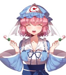 Rule 34 | 1girl, :d, ^ ^, absurdres, blue ribbon, blush, closed eyes, collarbone, commentary request, curly hair, dango, dark jewel (gem oblivion), facing viewer, food, frilled kimono, frilled shirt collar, frills, hat, heart, heart in mouth, highres, holding, holding food, japanese clothes, kimono, long sleeves, mob cap, obi, open mouth, pink hair, ribbon, ribbon-trimmed clothes, ribbon trim, saigyouji yuyuko, sanshoku dango, sash, short hair, simple background, smile, solo, touhou, triangular headpiece, upper body, w arms, wagashi, white background, wide sleeves