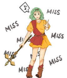 Rule 34 | 1girl, :d, bad id, bad tumblr id, baronada, boots, brown footwear, commentary, dress, english commentary, fire emblem, fire emblem: thracia 776, full body, green eyes, green hair, hairband, hand up, highres, holding, holding staff, looking at viewer, musical note, nintendo, open mouth, orange dress, red hairband, red socks, short dress, short hair, short sleeves, smile, socks, solo, spoken musical note, staff, standing, tina (fire emblem), w