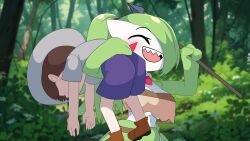 Rule 34 | 1boy, 1girl, ^ ^, age difference, alternate hair length, alternate hairstyle, arms up, bandeau, blush, breasts, brown bandeau, brown footwear, brown hair, carrying over shoulder, closed eyes, colored skin, creatures (company), day, florian (pokemon), forest, game freak, gardevoir, gen 3 pokemon, grapeanime, green background, green hair, green skin, green skirt, grey hat, grey shirt, hair over one eye, hair tie, happy, hat, holding, holding polearm, holding spear, holding weapon, large breasts, long hair, multicolored skin, nature, navel, nintendo, one eye covered, open mouth, outdoors, pokemon, pokemon (creature), pokemon sv, polearm, ponytail, purple shorts, school uniform, sharp teeth, shirt, shoes, short hair, short sleeves, shorts, skirt, smile, spear, stomach, teeth, tree, two-tone skin, underboob, weapon, white skin