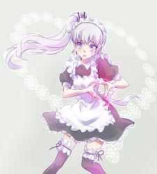 Rule 34 | 1girl, alternate costume, apron, black thighhighs, blue eyes, commentary request, embarrassed, enmaided, floating hair, frills, furrowed brow, grey background, hair ornament, heart, heart hands, highres, hikasa youko, iesupa, long hair, maid, maid apron, maid headdress, moe moe kyun!, open mouth, rwby, scar, scar across eye, scar on face, side ponytail, snowflake background, solo, thighhighs, tiara, voice actor connection, wavy mouth, weiss schnee, white hair, zettai ryouiki