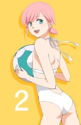 Rule 34 | 00s, 1girl, back, ball, beachball, bikini, celestial s, countdown, estellise sidos heurassein, green eyes, looking back, official alternate costume, one-piece swimsuit, pii (celestial songs), pink hair, short hair, smile, solo, swimsuit, tales of (series), tales of vesperia, white bikini, white one-piece swimsuit, yellow background