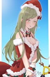 Rule 34 | 1girl, 1other, absurdres, artist name, blush, breasts, cleavage, detached collar, fur-trimmed headwear, fur-trimmed shirt, fur trim, green eyes, green hair, hat, highres, idolmaster, idolmaster shiny colors, long hair, looking ahead, m xy, medium breasts, nanakusa hazuki, off-shoulder shirt, off shoulder, p-head producer, producer (idolmaster), santa costume, santa hat, shirt, signature, smile, solo focus, straight hair, very long hair