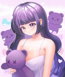 Rule 34 | 1girl, blush, bow, breasts, cleavage, dress, heart, highres, holding, holding stuffed toy, lace, lace trim, large breasts, lingerie, looking at viewer, original, pink background, purple dress, purple eyes, purple hair, rinnimel, simple background, solo, sparkling eyes, stuffed animal, stuffed toy, teddy bear, underwear