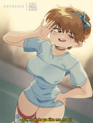 Rule 34 | 1girl, :d, alternate hair length, alternate hairstyle, artist self-insert, blue shirt, bluethebone, bluesona (bluethebone), blurry, blurry background, breasts, brown eyes, brown hair, commentary, covered erect nipples, english commentary, english text, hairband, hand up, hands on own hips, highres, large breasts, looking at viewer, meme, no pants, open mouth, original, pajamas challenge (meme), polka dot, polka dot legwear, polka dot thighhighs, retro artstyle, shirt, short hair, smile, smug, solo, subtitled, t-shirt, taut clothes, teeth, thighhighs, tongue, tongue out, uneven eyes, upper teeth only
