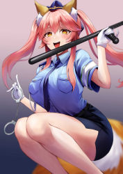 Rule 34 | 1girl, absurdres, animal ears, ass, bare legs, baton (weapon), breasts, cuffs, fate/extra, fate/extra ccc, fate/grand order, fate (series), fox ears, fox tail, gloves, hair between eyes, handcuffs, hat, highres, holding, holding handcuffs, holding weapon, large breasts, long hair, looking at viewer, necktie, official alternate costume, open mouth, pink hair, police, police hat, police uniform, policewoman, rororo, skirt, smile, solo, squatting, tail, tamamo (fate), tamamo no mae (fate/extra), tamamo no mae (police fox) (fate), twintails, uniform, weapon, white gloves, yellow eyes
