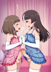 Rule 34 | 2boys, black hair, blue eyes, brown hair, censored, closed eyes, crossdressing, cum, dress, ejaculation, gloves, highres, holding hands, interlocked fingers, lingerie, long hair, matching outfits, mosaic censoring, multiple boys, negligee, nipples, open mouth, penis, penises touching, see-through, see-through dress, short hair, testicles, thighhighs, trap, trap on trap, underwear, wataya, white gloves, white thighhighs, yaoi