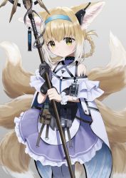 Rule 34 | 1girl, animal ears, arknights, commentary request, detached sleeves, eyes visible through hair, fox ears, fox girl, fox tail, gloves, gradient hair, hair between eyes, headset, highres, holding, holding staff, kitsune, kyuubi, light brown hair, long hair, looking at viewer, multicolored hair, multiple tails, pantyhose, scrunchie, short sleeves, sidelocks, single glove, solo, staff, suzuran (arknights), tail, ten can, two-tone hair, wrist scrunchie, yellow eyes
