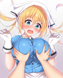 Rule 34 | 1girl, blend s, blonde hair, blue eyes, blush, grabbing another&#039;s breast, breasts, commentary request, embarrassed, etan14, gloves, grabbing, hair between eyes, head scarf, highres, hinata kaho, large breasts, long hair, looking at viewer, open mouth, pov, pov hands, solo focus, stile uniform, twintails, upper body, wavy mouth, white gloves