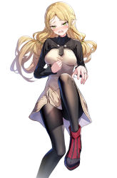 Rule 34 | 1girl, black pantyhose, black sweater, blonde hair, braid, breasts, commentary request, dress, fang, green eyes, grey dress, highres, isekai ojisan, jewelry, knee up, long hair, long sleeves, looking at viewer, medium breasts, open mouth, pantyhose, parted bangs, pointy ears, red footwear, ribbed sweater, ring, ririko (zhuoyandesailaer), shoes, solo, sui (isekai ojisan), sweater, turtleneck, turtleneck sweater, very long hair, wavy mouth