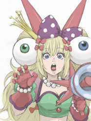 Rule 34 | 1girl, :o, blonde hair, blue eyes, bobbles, bow, bracelet, breasts, cleavage, coelacanth (gyotaku), collarbone, crop top, crown, eyeball, eyeball hair ornament, eyebrows, eyelashes, facing away, fake horns, gloves, green shirt, groping motion, hair between eyes, hair bow, hair ornament, heart, holding, horns, jewelry, lips, long hair, looking at viewer, medium breasts, megaphone, midriff, mini crown, necklace, nose, open mouth, palms, pearl bracelet, pearl necklace, polka dot, polka dot bow, puffy short sleeves, puffy sleeves, purple bow, raised eyebrows, red bow, red gloves, shirt, short sleeves, sidelocks, simple background, solo, spikes, sylvie paula paula, tareme, teeth, the king of fighters, the king of fighters xiv, tongue, twintails, upper body, very long hair, wavy hair, white background, wide-eyed