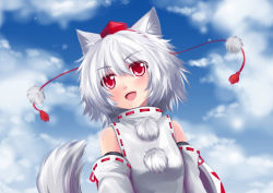 Rule 34 | 1girl, absurdres, animal ears, bare shoulders, blush, cloud, day, detached sleeves, eyelashes, female focus, hat, highres, inubashiri momiji, open mouth, outdoors, red eyes, shield, short hair, silver hair, sky, smile, solo, tail, tokin hat, touhou, upper body, wolf ears, wolf tail, wolflong