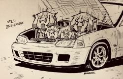 Rule 34 | 0 0, 4girls, absurdres, car, cevio, commentary request, datsan, highres, honda, honda civic, marker (medium), monochrome, motion lines, motor vehicle, multiple girls, one (cevio), open mouth, short hair, too literal, traditional media, twitter username