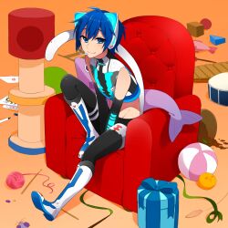 Rule 34 | 1boy, :3, animal ear headphones, animal ears, armchair, ball, beachball, black pants, blue eyes, blue hair, blue ribbon, boots, cat ear headphones, cat ears, cat teaser, chair, character name, commentary, crop top, detached sleeves, dirt, drum, fake animal ears, fish-shaped pillow, full body, gift, gloves, green ribbon, hair between eyes, headphones, highres, instrument, kaito (vocaloid), knee boots, knee up, letter, looking at viewer, male focus, marker, midriff, navel, neko cyber (module), on chair, orange background, pants, pillow, ribbon, shio ice, short hair, sitting, spill, thigh strap, toy, toy mouse, vocaloid, white footwear, white tail, xylophone, yarn, yarn ball