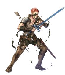 Rule 34 | 1boy, armor, armored boots, boots, brown eyes, brown hair, collarbone, eyepatch, fingerless gloves, fire emblem, fire emblem echoes: shadows of valentia, fire emblem heroes, full body, gloves, highres, holding, holding sword, holding weapon, male focus, multicolored hair, nintendo, official art, p-nekor, pants, red hair, saber (fire emblem), short hair, short sleeves, shoulder armor, solo, sword, torn clothes, transparent background, weapon