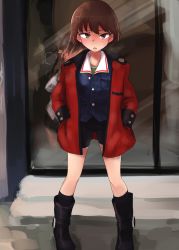Rule 34 | 10s, 2girls, :o, aomushi (mushamusha), bike shorts, black footwear, black legwear, black shorts, blue jacket, blush, boots, breath, brown eyes, brown hair, crossed arms, epaulettes, female focus, full body, girls und panzer, green shirt, hands in pockets, highres, isobe noriko, jacket, jacket on shoulders, long sleeves, looking at viewer, military, military uniform, multiple girls, ooarai military uniform, open mouth, red jacket, rukuriri (girls und panzer), shirt, short hair, short shorts, shorts, sliding doors, socks, solo focus, sparkle, st. gloriana&#039;s military uniform, standing, sweatdrop, uniform, v-shaped eyebrows