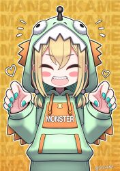 Rule 34 | 1girl, :d, ^ ^, absurdres, amano pikamee, blonde hair, blush stickers, cat hair ornament, character name, claw pose, closed eyes, colored inner hair, commentary, dinosaur hood, drawstring, english commentary, green hair, green nails, hair ornament, hands up, heart, highres, kuronekozero, long sleeves, low twintails, multicolored hair, open mouth, outline, sharp teeth, smile, solo, standing, straight-on, teeth, twintails, twitter username, two-tone hair, upper body, upper teeth only, virtual youtuber, voms, white outline, yellow background