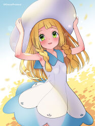 Rule 34 | 1girl, armpits, arms up, blonde hair, blush, collared dress, commentary request, creatures (company), day, dress, eyelashes, falling petals, game freak, gen 7 pokemon, green eyes, hands on headwear, hat, highres, kinocopro, lillie (pokemon), long hair, looking at viewer, nintendo, oricorio, oricorio (pom-pom), outdoors, parted lips, petals, pokemon, pokemon (creature), pokemon sm, sky, sleeveless, sleeveless dress, smile, sun hat, twitter username, watermark, white dress, white headwear