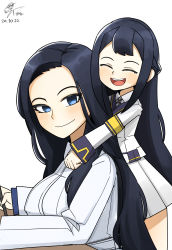 Rule 34 | 2girls, absurdres, andvari (last origin), black hair, blue eyes, braid, dated, highres, hug, hug from behind, invincible dragon (last origin), last origin, long hair, looking at another, military, military uniform, motherly, multiple girls, open mouth, pleated skirt, signature, single braid, skirt, smile, trait connection, tungtunggugu, uniform, very long hair, white skirt