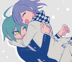 Rule 34 | 2boys, :d, ahoge, alternate hair color, black jacket, black scarf, checkered clothes, checkered neckwear, checkered scarf, commentary request, cowboy shot, danganronpa (series), danganronpa v3: killing harmony, from side, green hair, grey background, grey jacket, grey pants, grey scarf, happy, hug, jacket, long sleeves, looking at another, male focus, multiple boys, oma kokichi, open mouth, outline, pants, pink hair, saihara shuichi, sasakama (sasagaki01), scarf, smile, striped clothes, striped jacket, sweatdrop, upper body, white outline, yaoi, yellow eyes